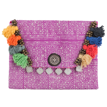 Hmong Embroidered Clutch Bag with Colorful Tassels