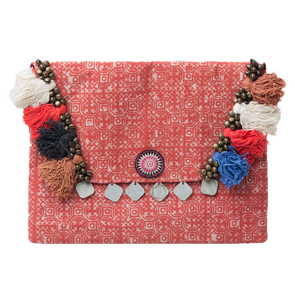 Hmong Embroidered Clutch Bag with Colorful Tassels