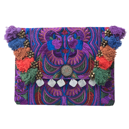 Hmong Embroidered Clutch Bag with Colorful Tassels