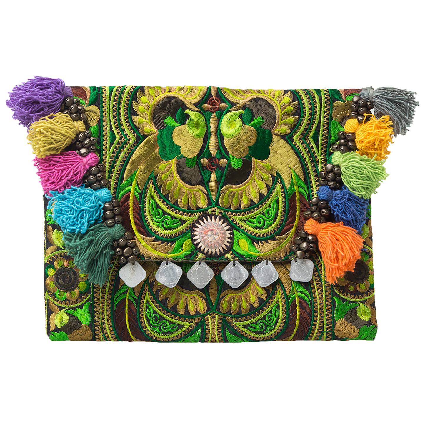 Hmong Embroidered Clutch Bag with Colorful Tassels