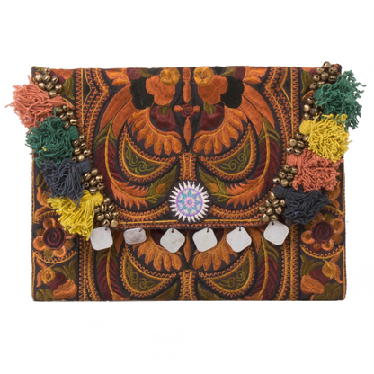 Hmong Embroidered Clutch Bag with Colorful Tassels
