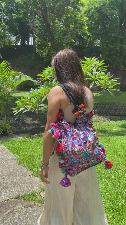 Hmong Embroidered Tote Bag with Pompoms