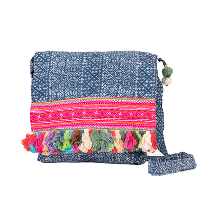 Batik Crossbody Bag with Colorful Tassels