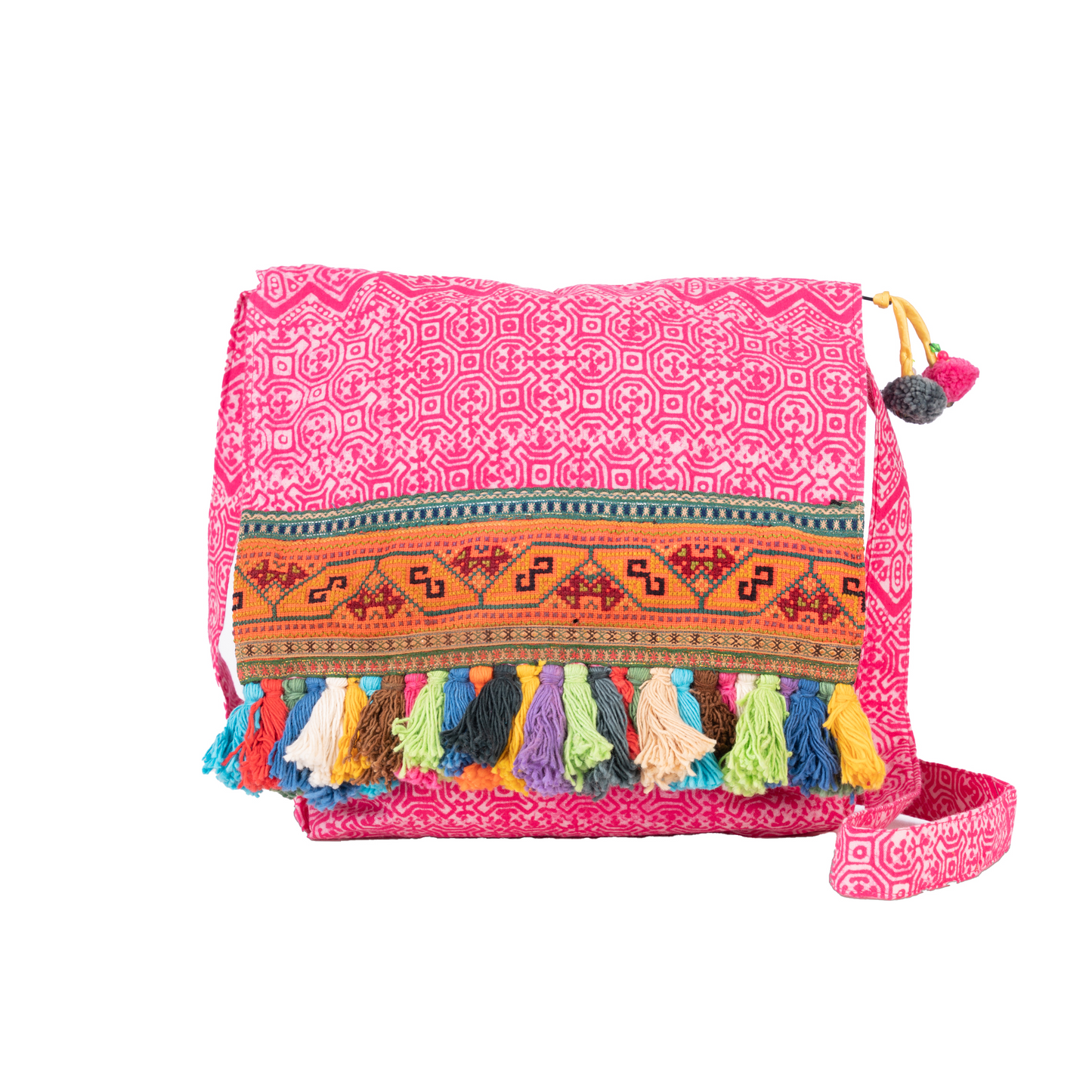 Batik Crossbody Bag with Colorful Tassels