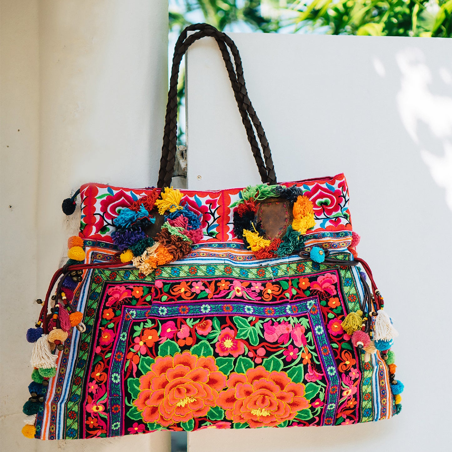 Large Beach Tote Bag with Hmong Embroidery