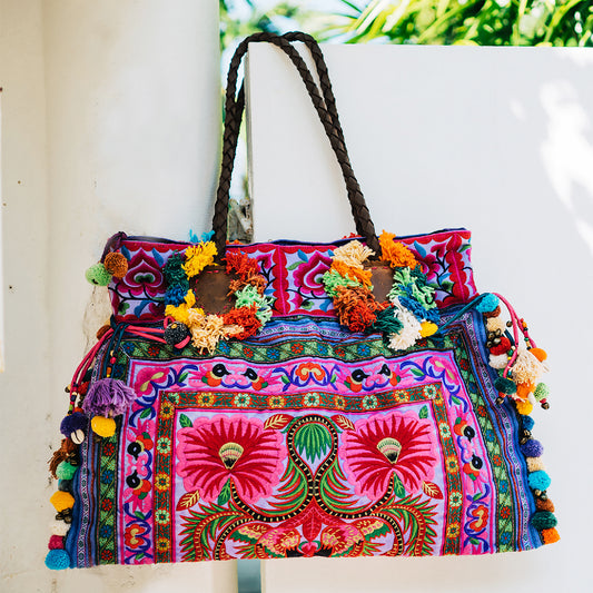 Large Beach Tote Bag with Hmong Embroidery