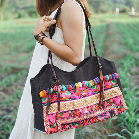 Pom Pom Beach Tote Bag with Hmong Embroidery