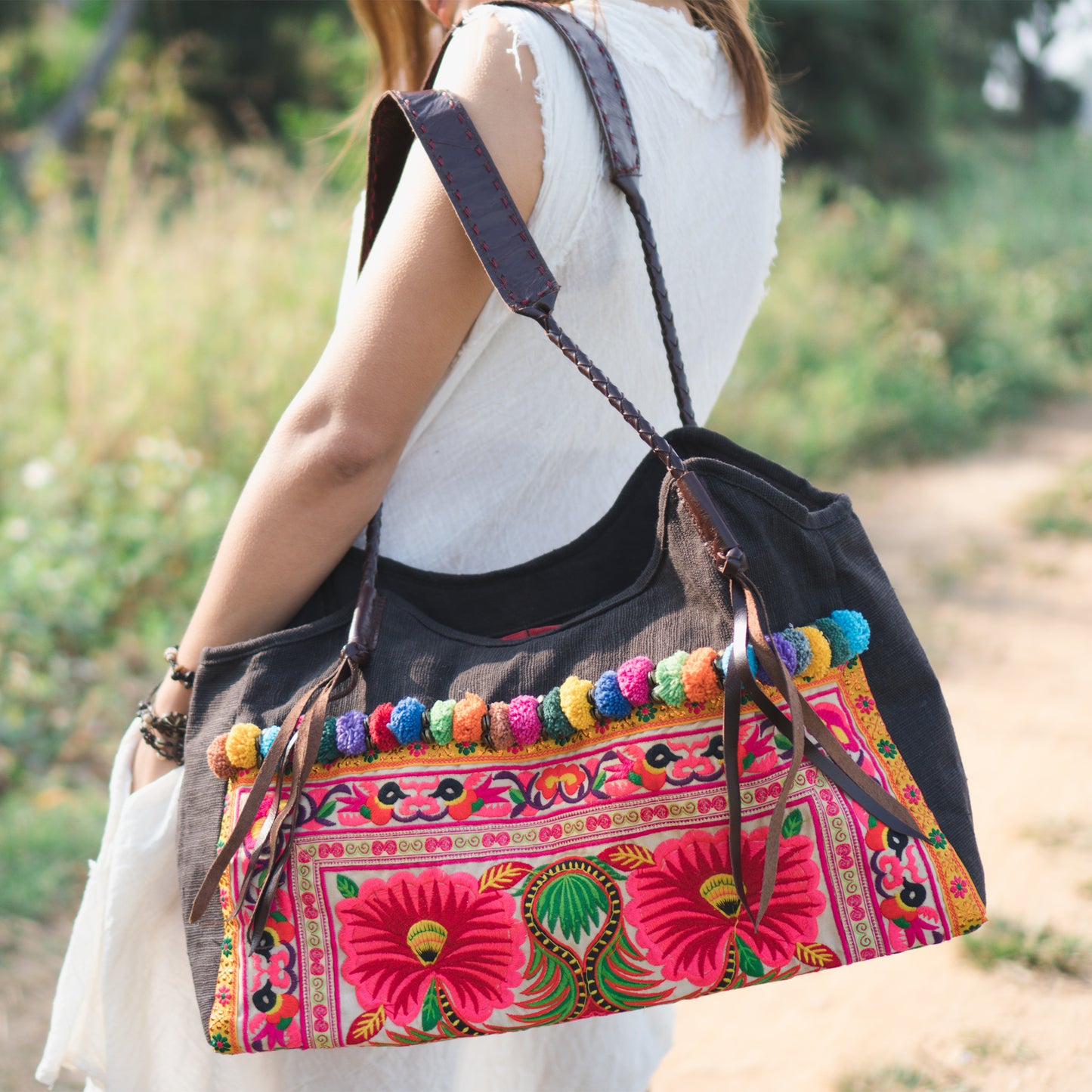 Pom Pom Beach Tote Bag with Hmong Embroidery