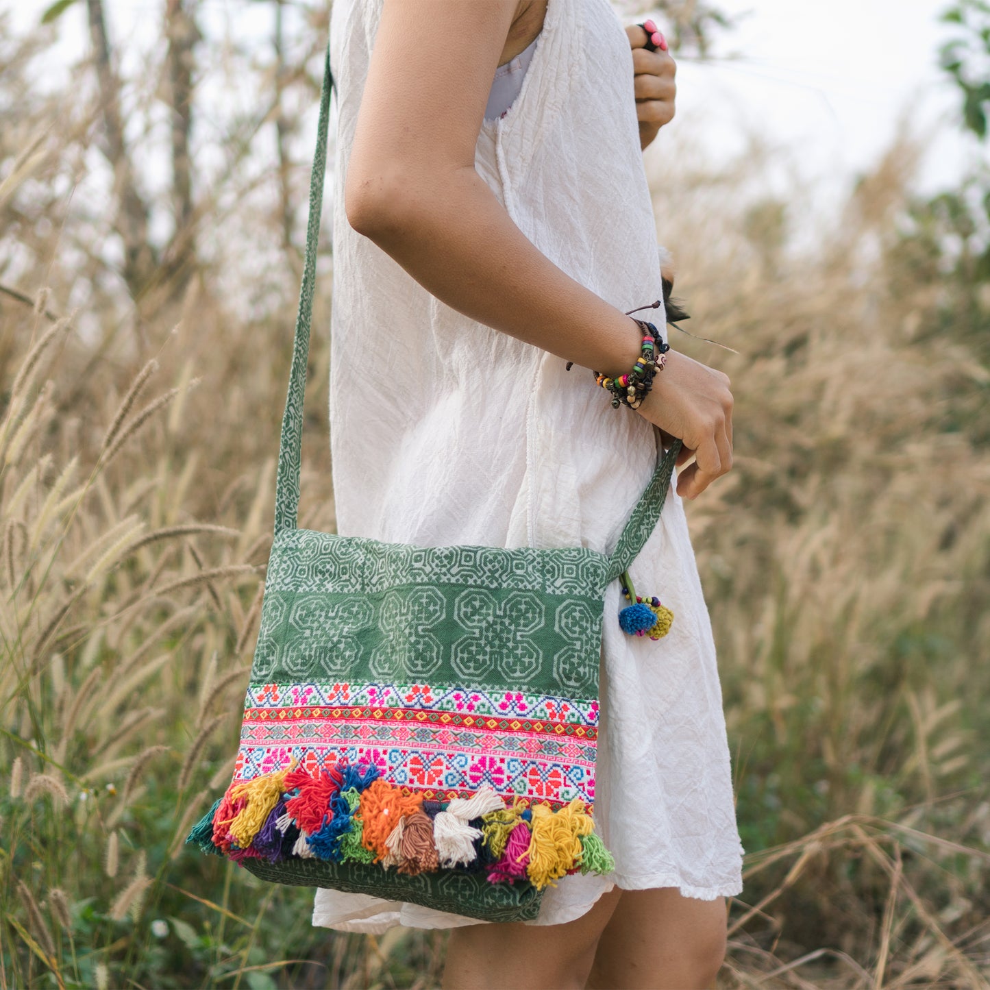 Batik Crossbody Bag with Colorful Tassels