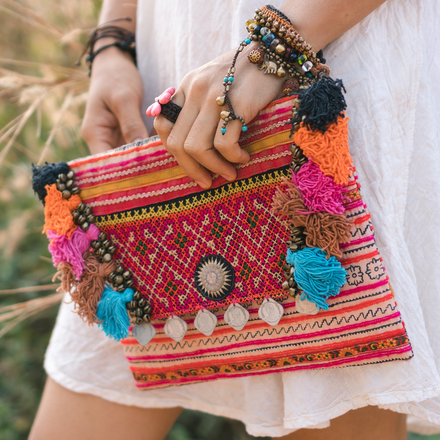 Hmong Embroidered Clutch Bag with Colorful Tassels