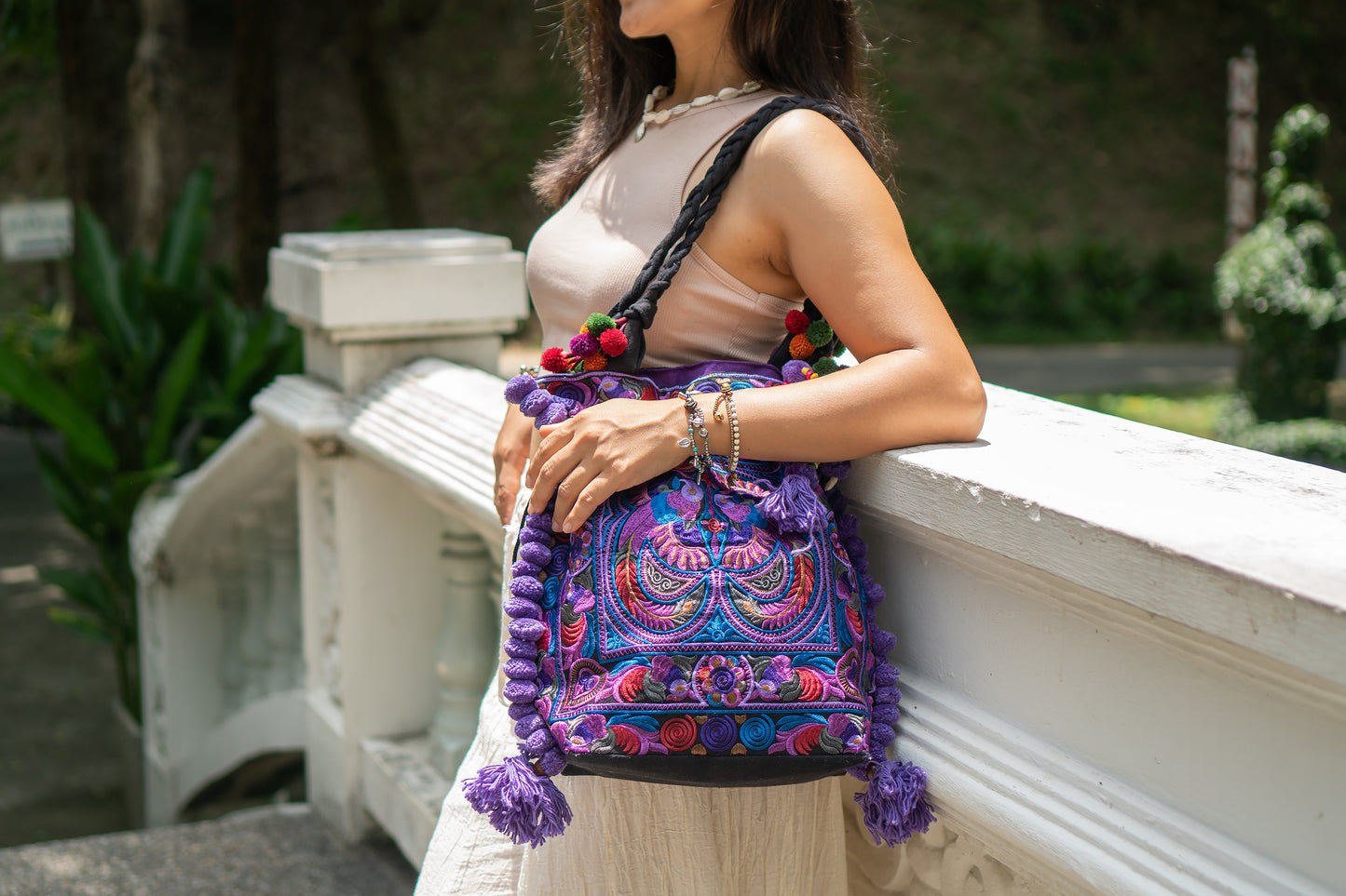 Hmong Embroidered Tote Bag with Pompoms