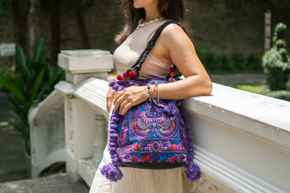 Hmong Embroidered Tote Bag with Pompoms