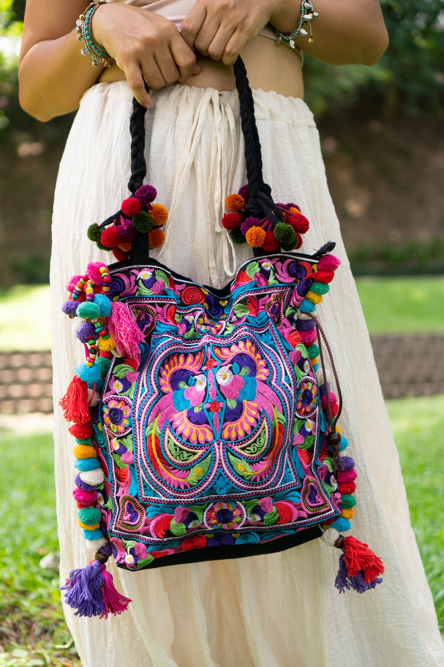 Hmong Embroidered Tote Bag with Pompoms