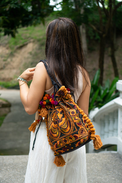 Hmong Embroidered Tote Bag with Pompoms