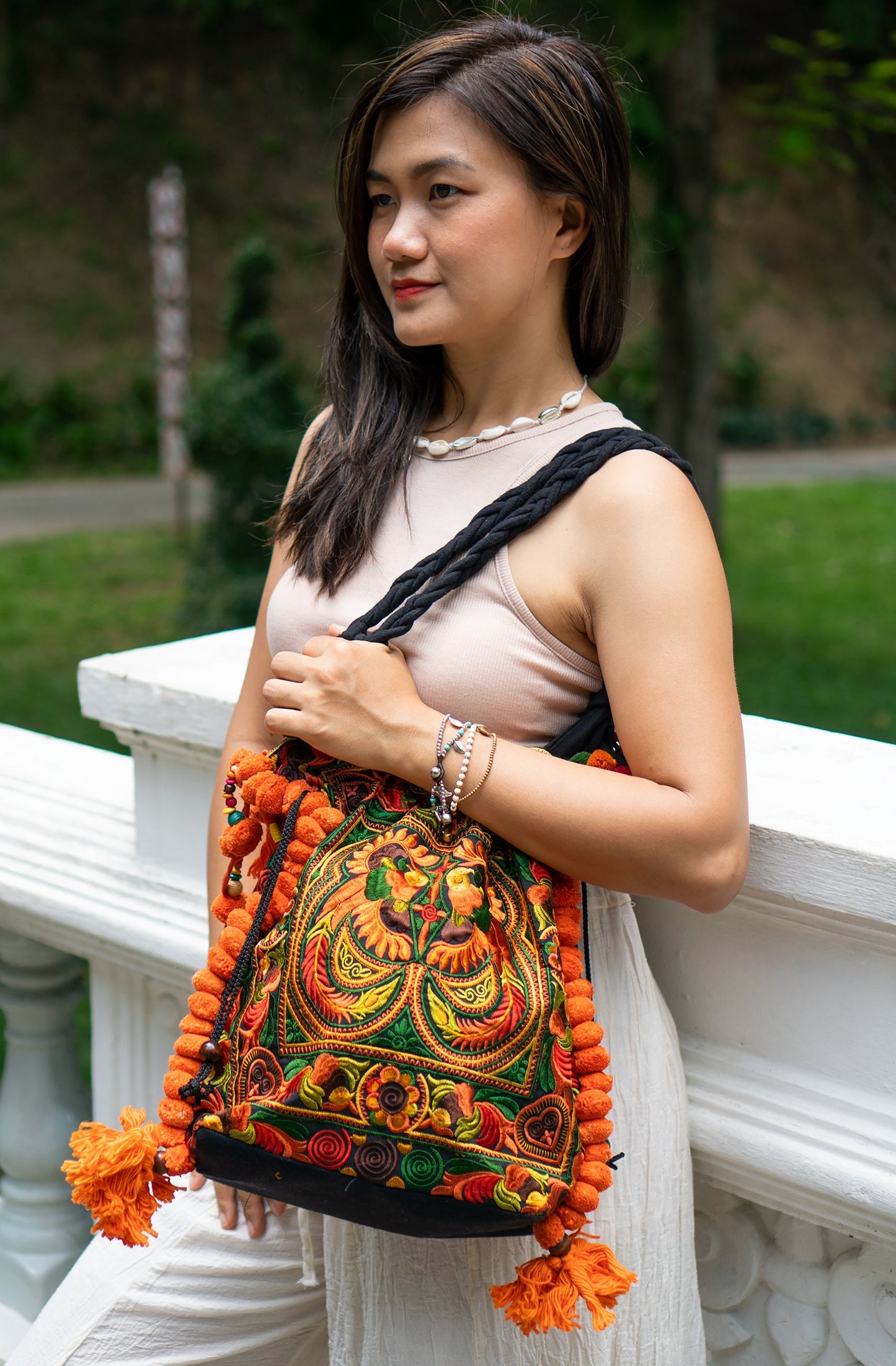 Hmong Embroidered Tote Bag with Pompoms