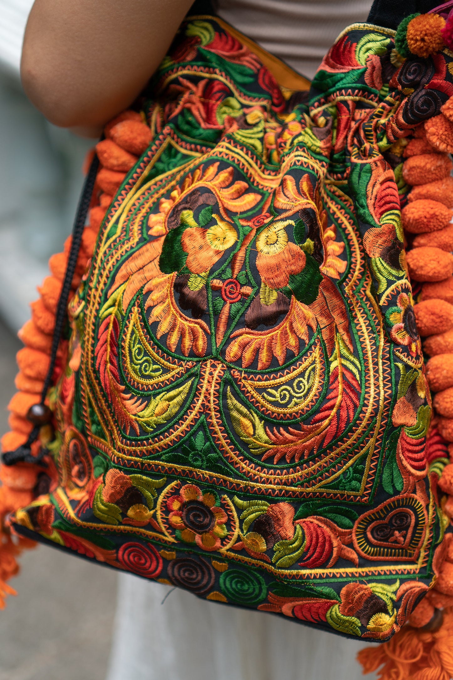 Hmong Embroidered Tote Bag with Pompoms