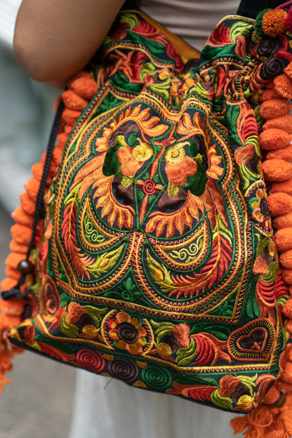 Hmong Embroidered Tote Bag with Pompoms