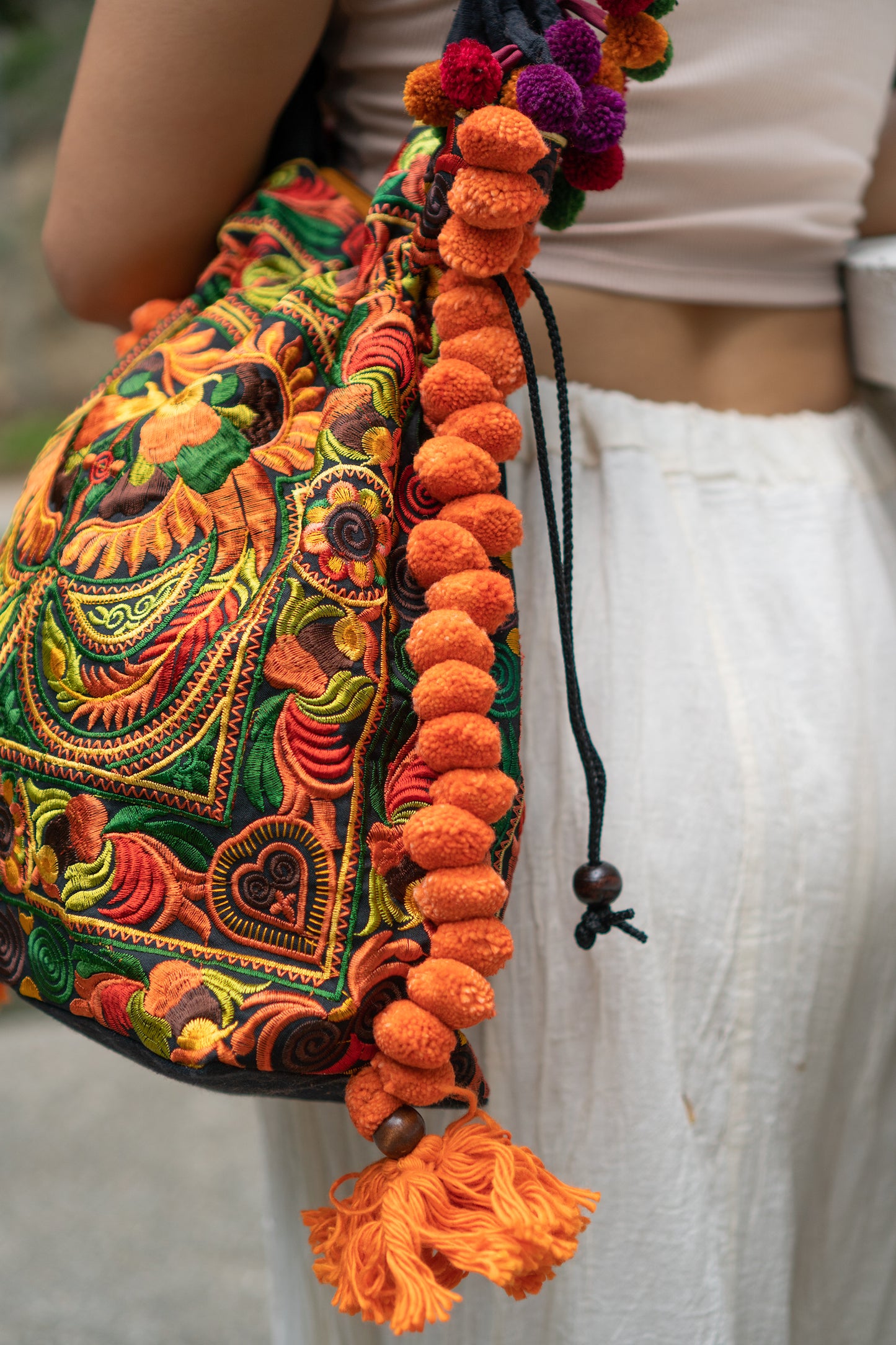 Hmong Embroidered Tote Bag with Pompoms