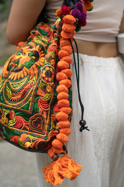 Hmong Embroidered Tote Bag with Pompoms