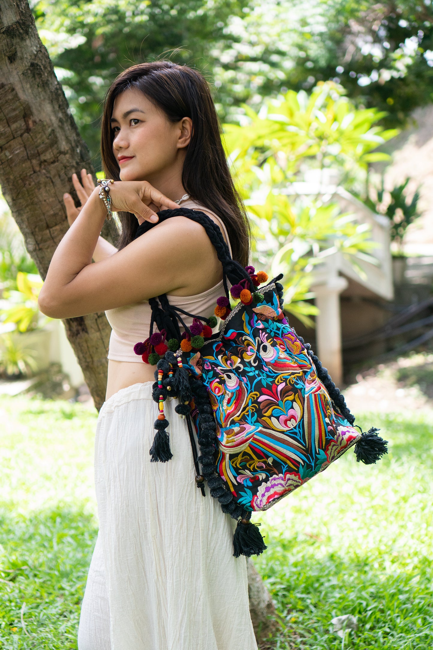 Hmong Embroidered Tote Bag with Pompoms