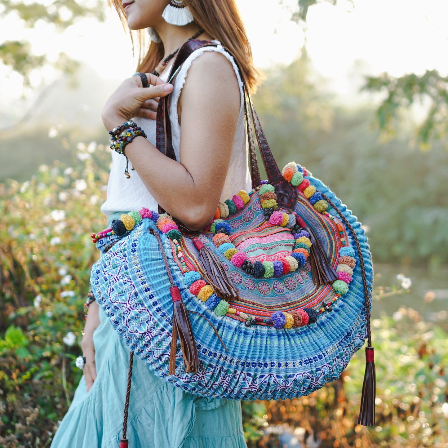 Half Moon Bag with Vintage Hmong Embroidery