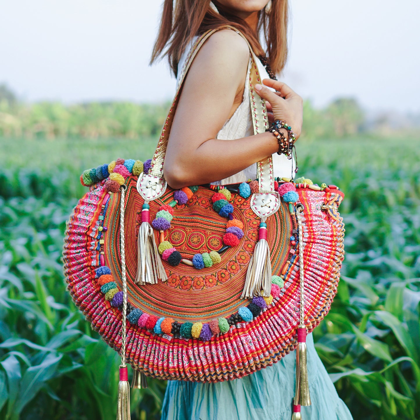 Half Moon Bag with Vintage Hmong Embroidery