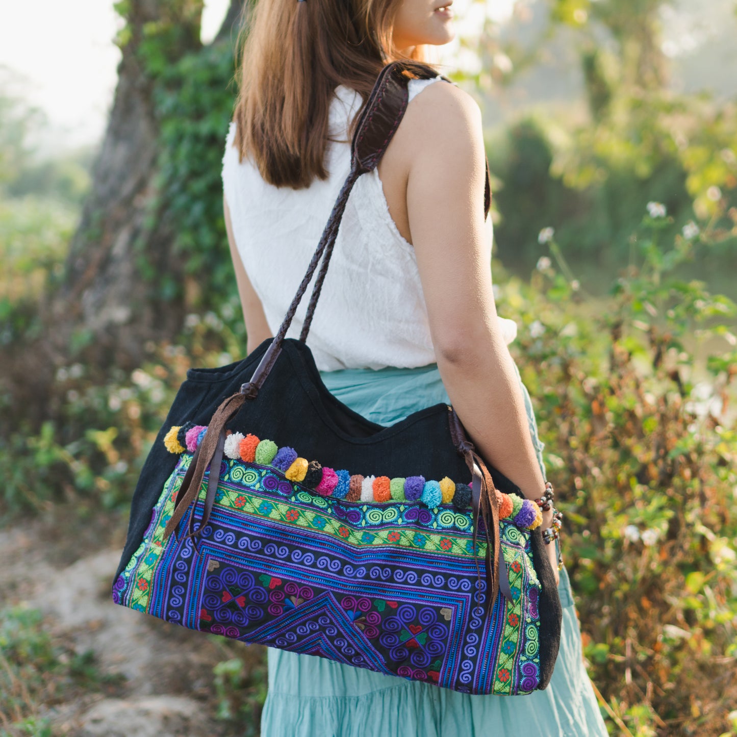 Pom Pom Beach Tote Bag with Hmong Embroidery