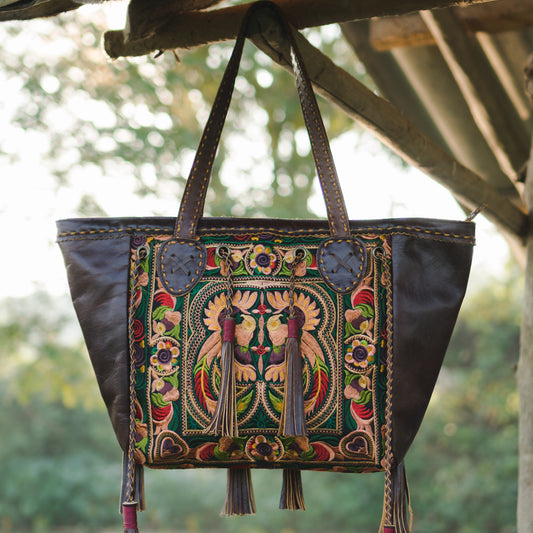 Genuine Leather Shoulder Bag with Hmong Embroidery