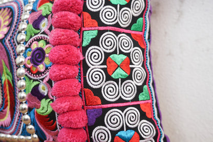 12x20 Hmong Cushion Cover with Tassels, Pom Poms