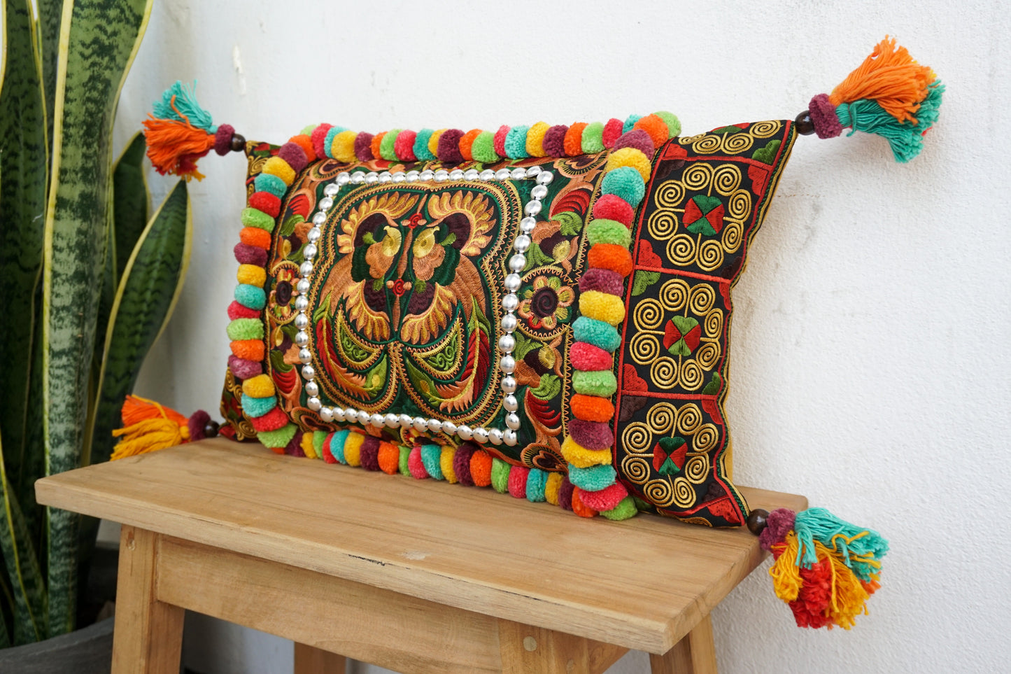 12x20 Hmong Cushion Cover with Tassels, Pom Poms