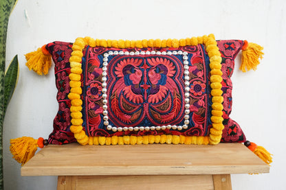 12x20 Hmong Cushion Cover with Tassels, Pom Poms