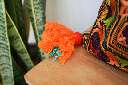 16x16 Hmong Cushion Cover with Tassels, Pom Poms