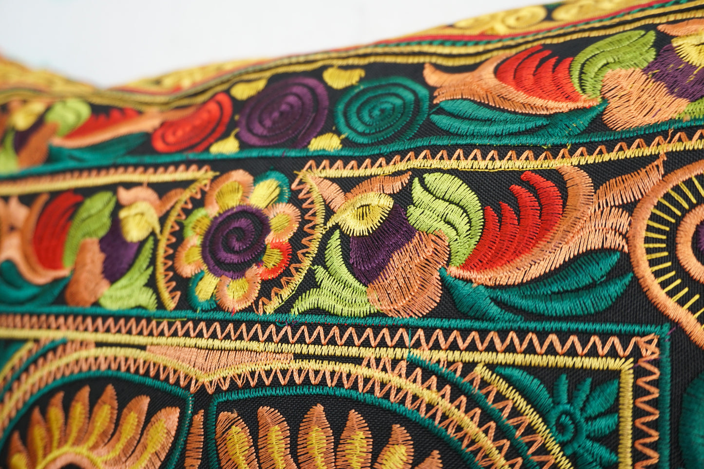 16x16 Hmong Cushion Cover with Tassels, Pom Poms
