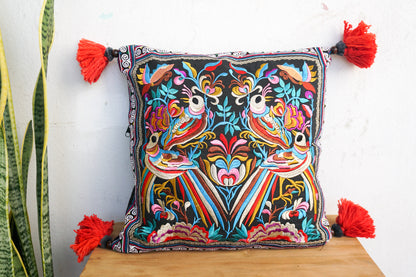 16x16 Hmong Cushion Cover with Tassels, Pom Poms