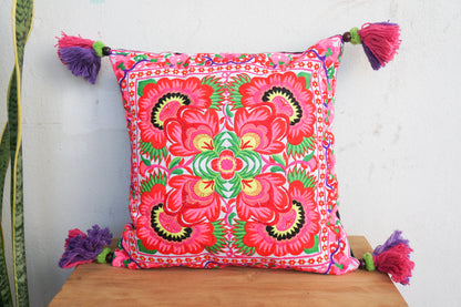 16x16 Hmong Cushion Cover with Tassels, Pom Poms