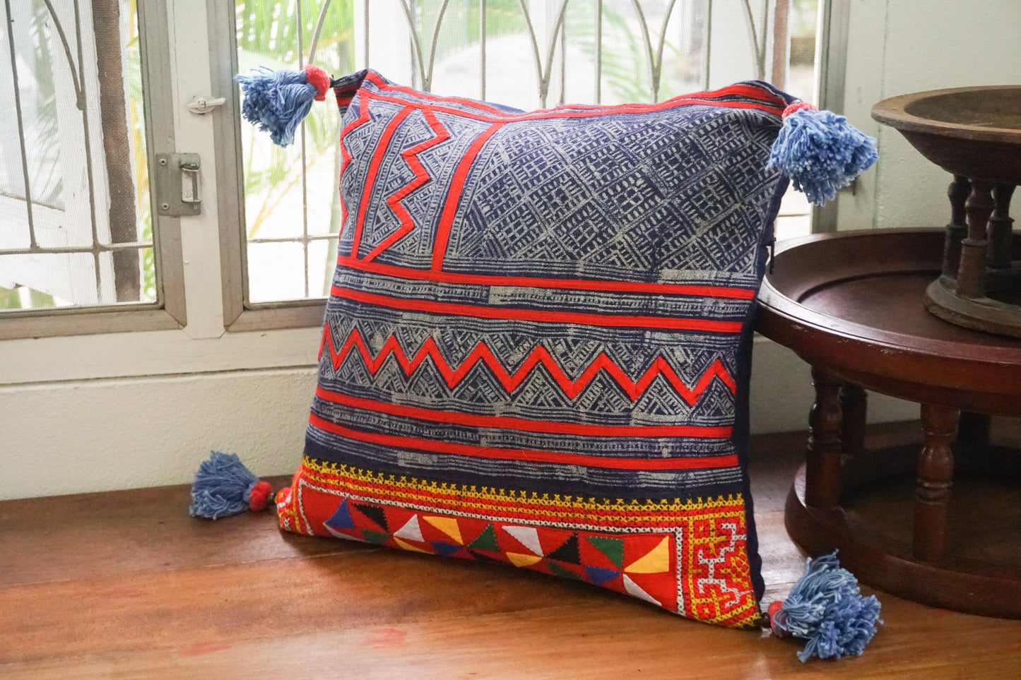 18x18 Vintage Hemp Fabric Hmong Cushion Cover with Tassels