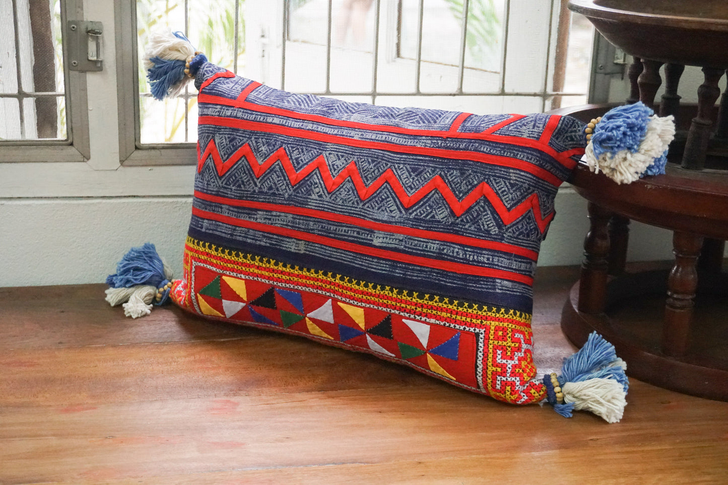 12x20 Vintage Hemp Fabric Hmong Cushion Cover with Tassels