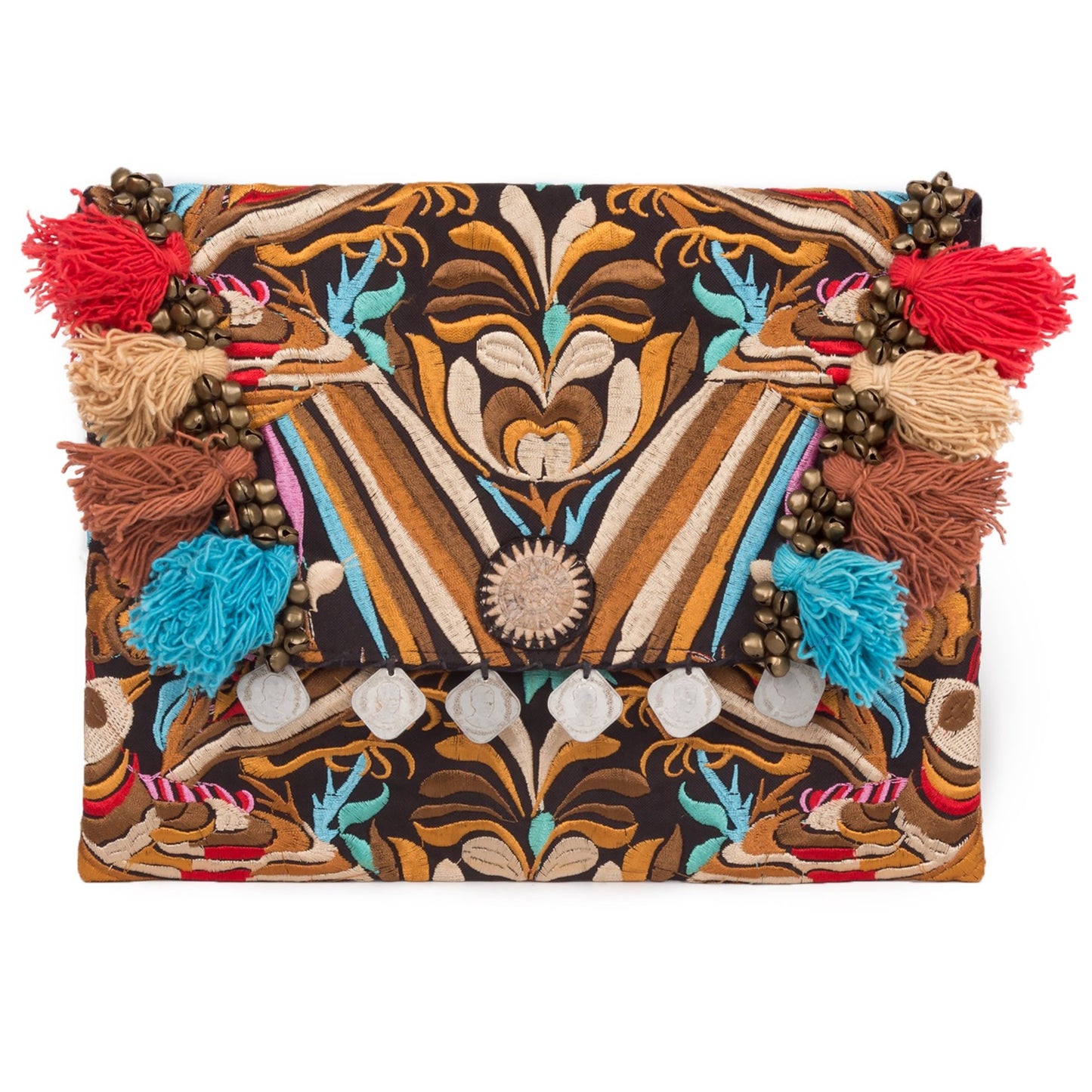 Hmong Embroidered Clutch Bag with Colorful Tassels