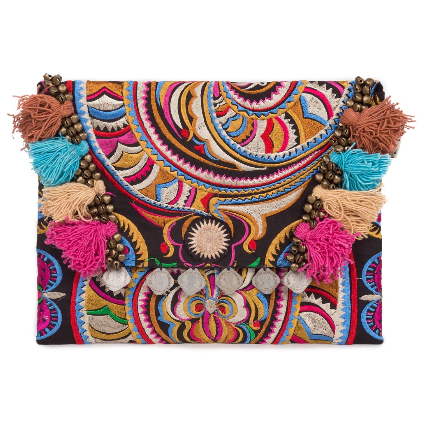 Hmong Embroidered Clutch Bag with Colorful Tassels