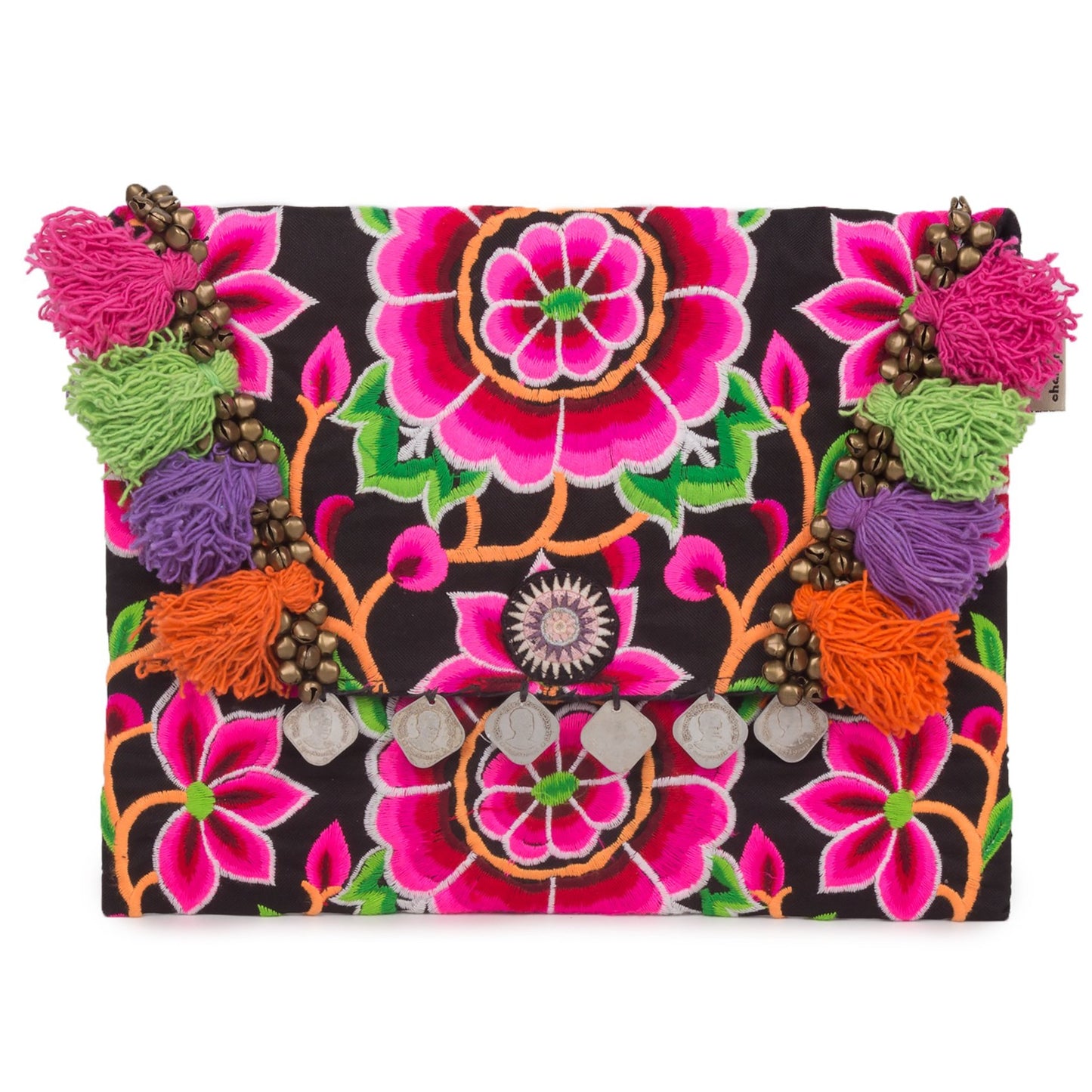 Hmong Embroidered Clutch Bag with Colorful Tassels