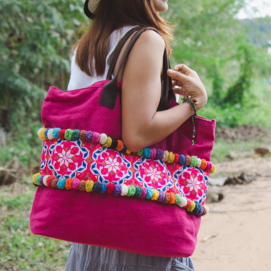 Colorful Pom Pom Beach Tote Bag