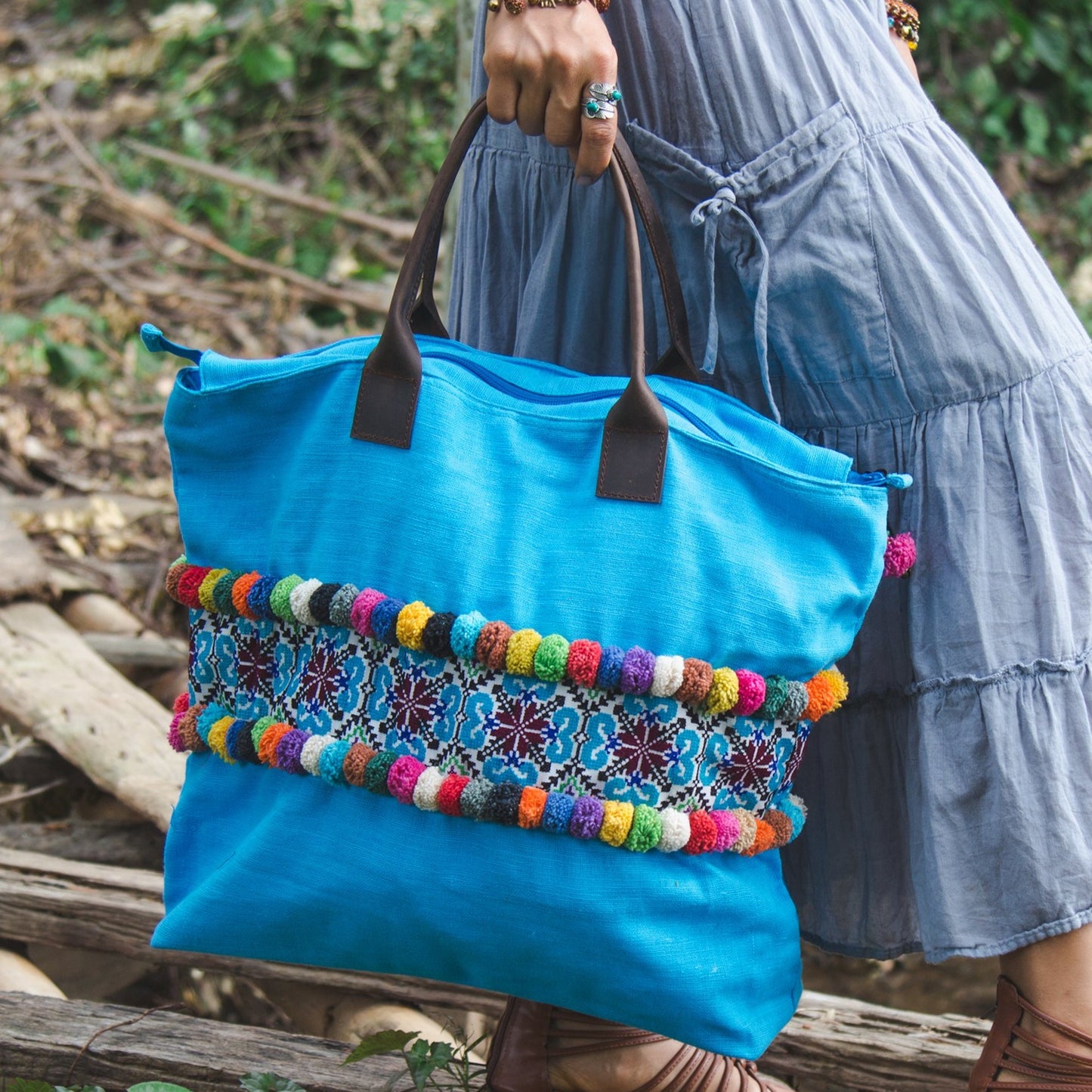Colorful Pom Pom Beach Tote Bag