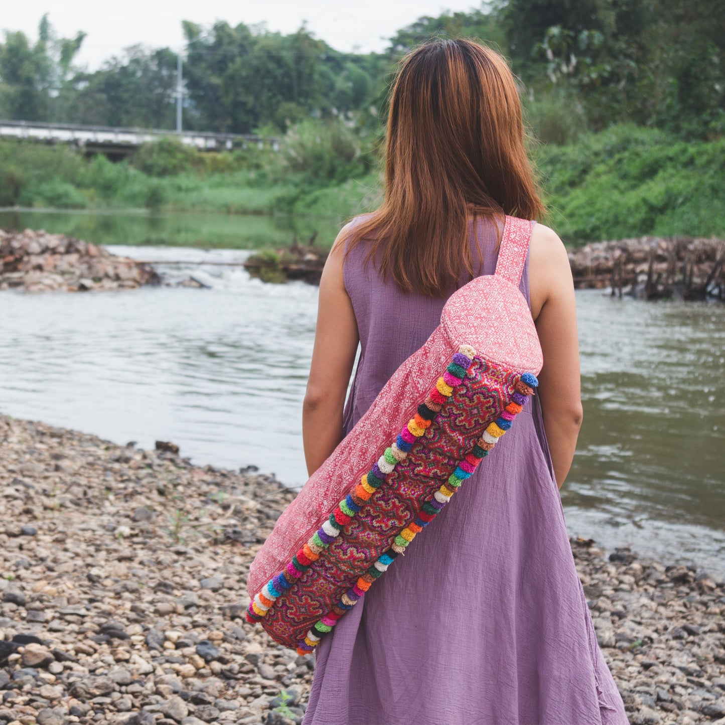 Batik Yoga Mat Bag with Colorful Pom Pom