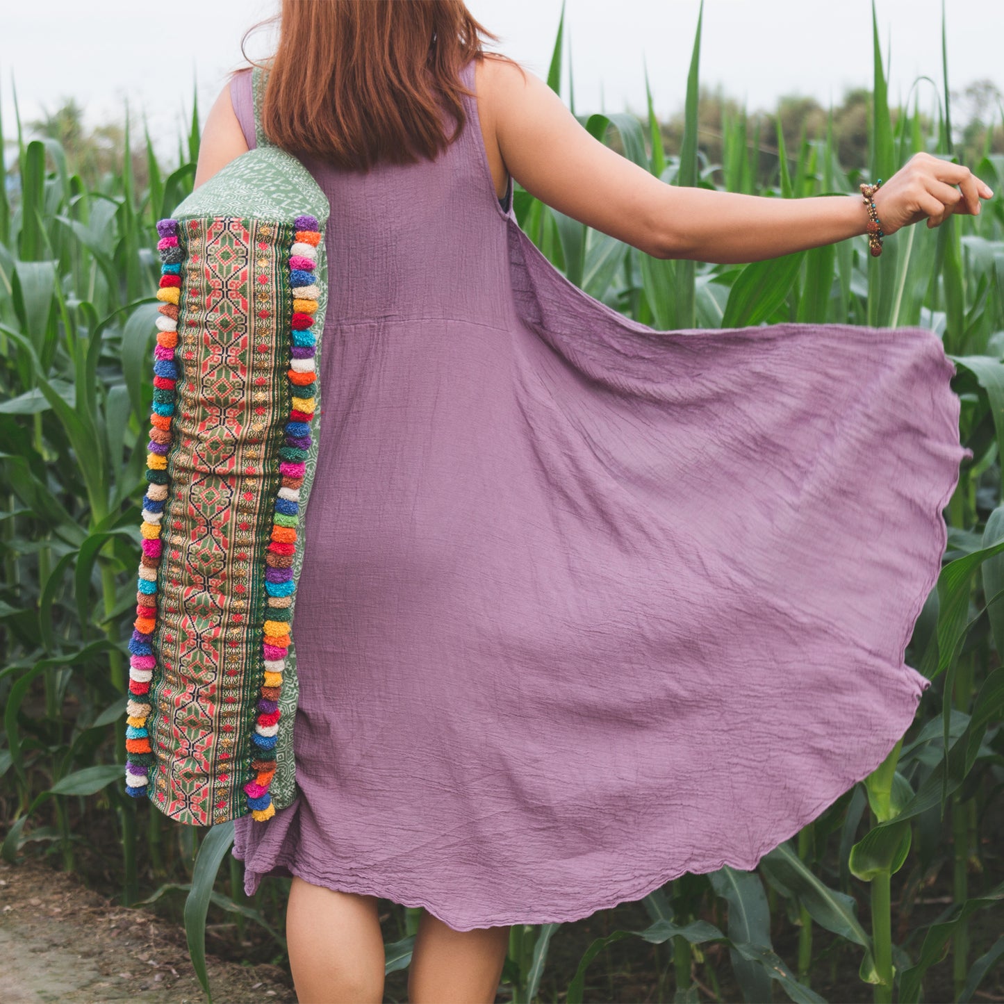 Batik Yoga Mat Bag with Colorful Pom Pom