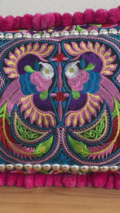 12x20 Hmong Cushion Cover with Tassels, Pom Poms