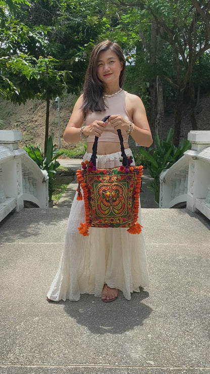 Hmong Embroidered Tote Bag with Pompoms